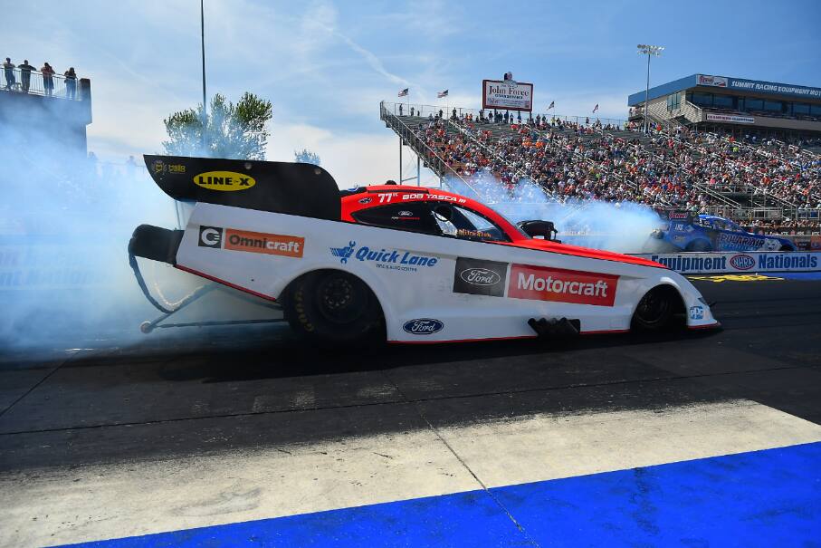 He took the Motorcraft/Quick Lane Mustang Funny Car to victory in Bristol, Tennessee. He took the Motorcraft/Quick Lane Mustang Funny Car to victory in Bristol, Tennessee.